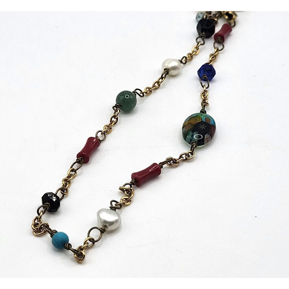 Artisan Charm Ankelt Turquoise Pearl Coral Jade Blown Glass with Locket 11in